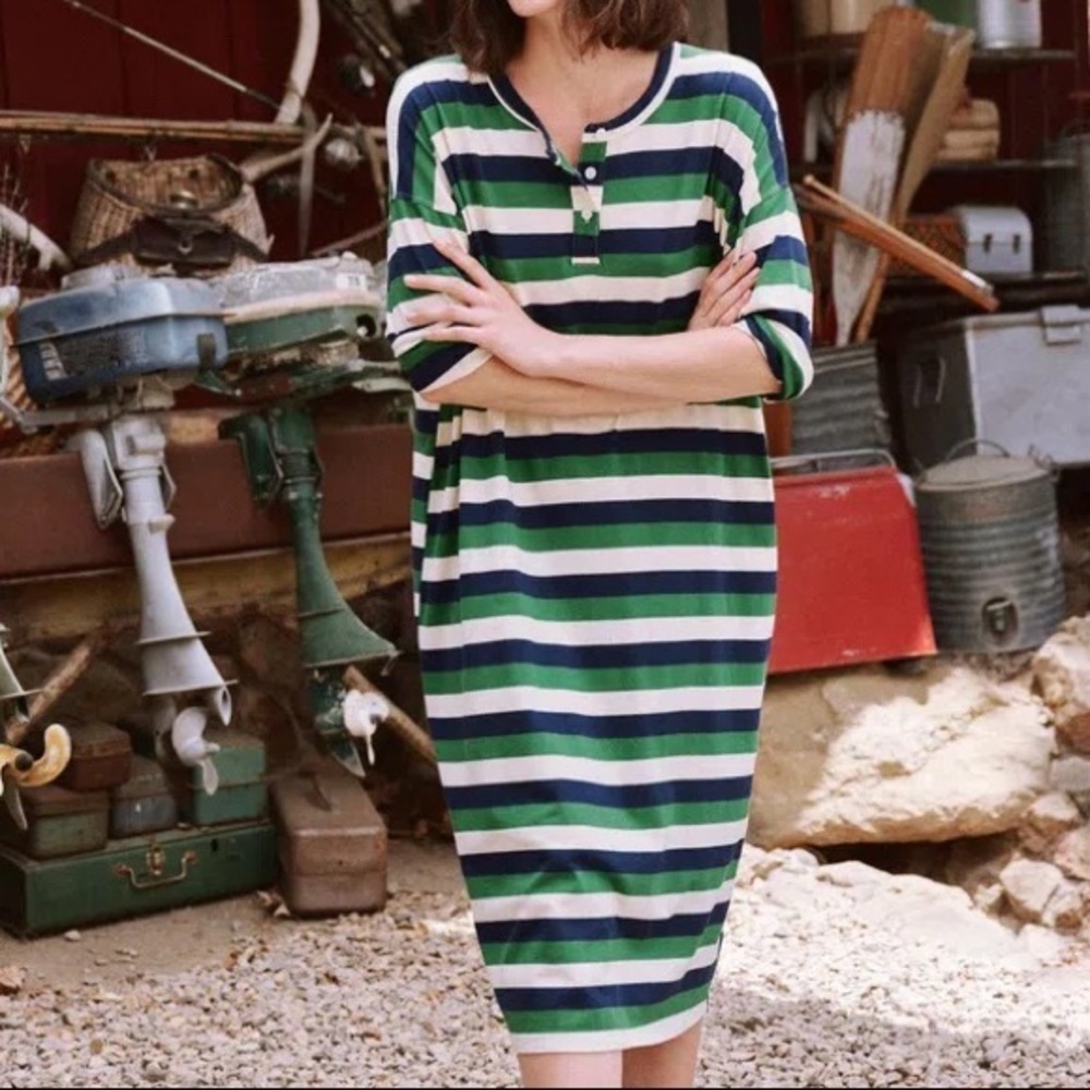 NWT THE GREAT. GREEN WHITE JUNIPER STRIPED HENLEY DRESS‎ SZ S